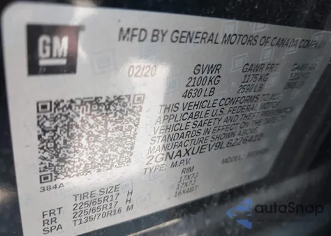 2020 Chevrolet Equinox Awd Lt 1.5L Turbo z USA, uszkodzony, nr VIN 2GNAXUEV9L6226410